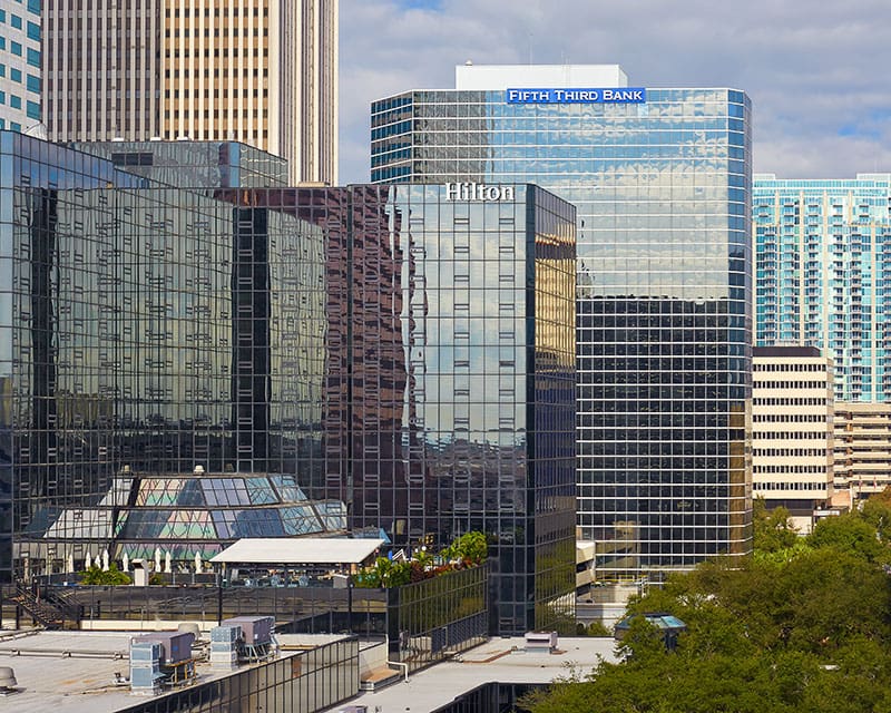 City scape of the Hilton Hotel and Fifth Third Bank