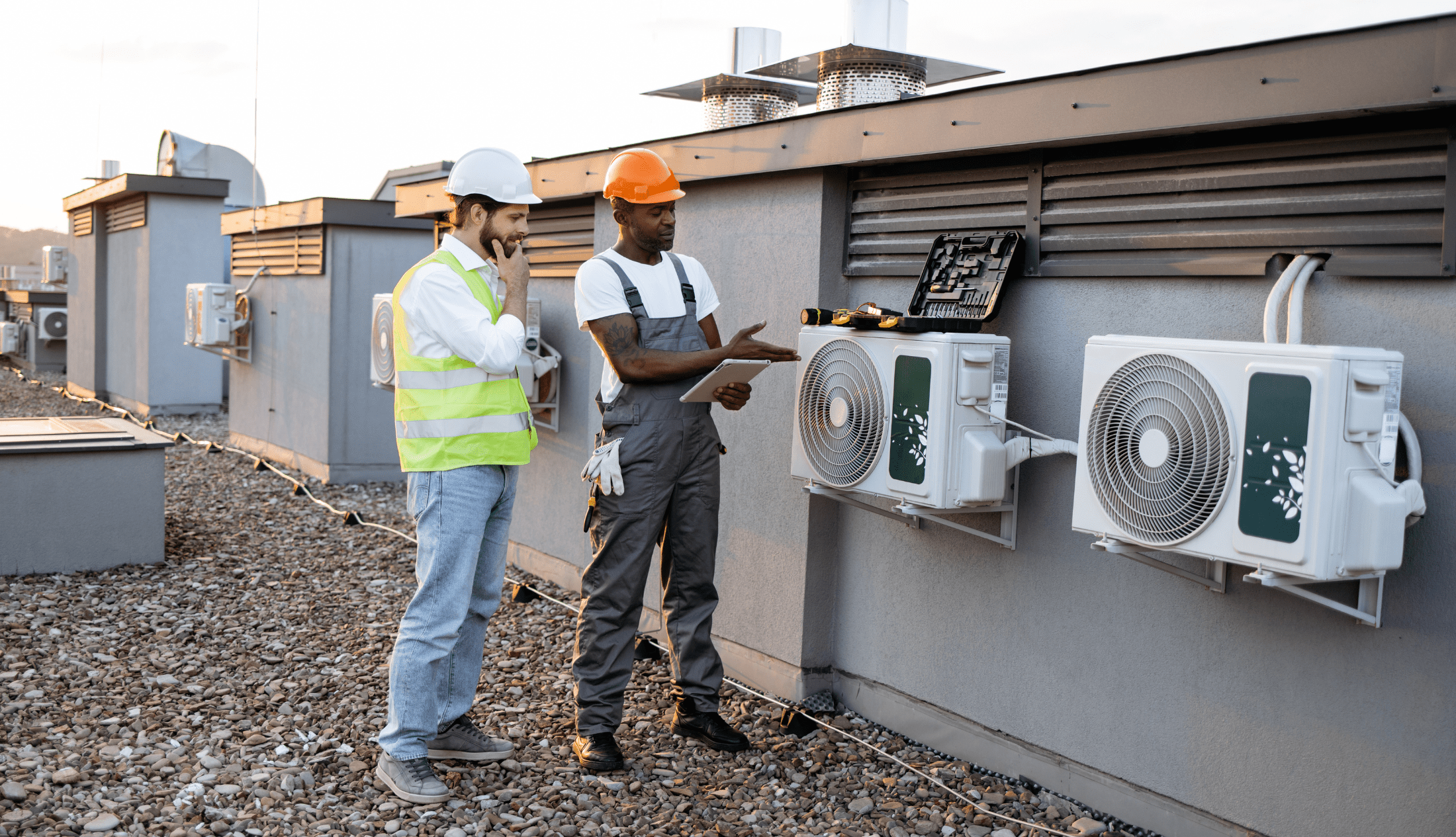 AC vs. HVAC: Which System Is Better for Your Needs? African american technician with tablet in hands showing fixed air conditioner to caucasian manager in white hard hat on rooftop. Factory workers cooperating for maintaining modern equipment.