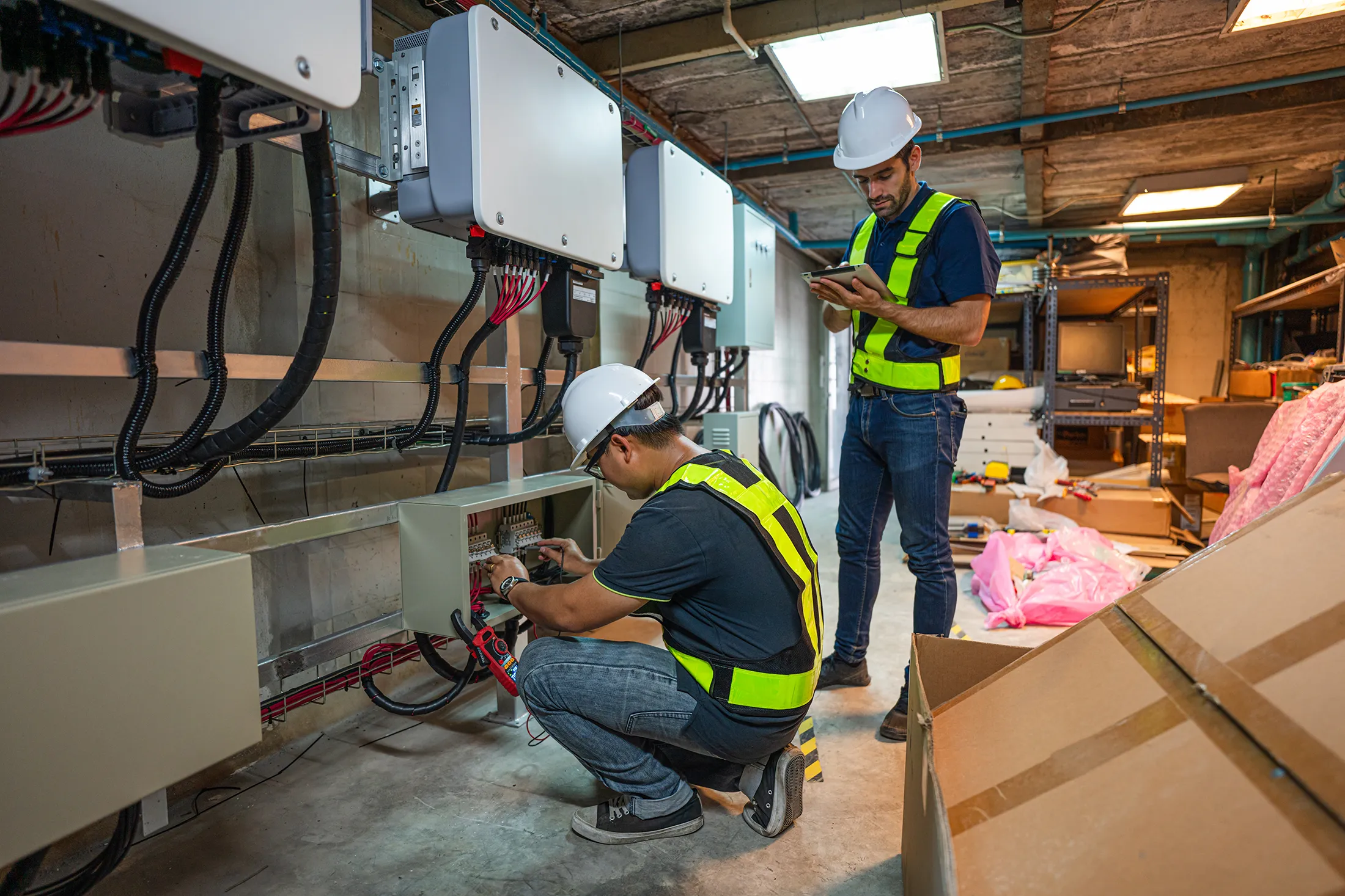 service-engineer-working-inspection-installation-i-2025-01-02-19-59-47-utc Two HVAC technicians in safety vests and hard hats perform electrical inspections and equipment checks in a building’s mechanical room.