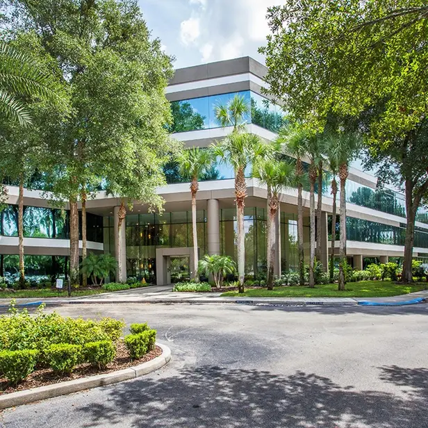 Modern office building surrounded by tall palm trees and lush landscaping with reflective glass windows and a curved driveway entrance.