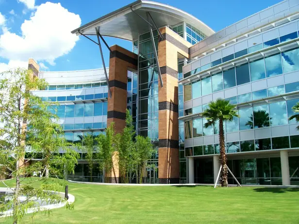 Modern multi-story glass office building with curved architectural features, large windows, palm trees, and a landscaped green lawn under a bright blue sky.