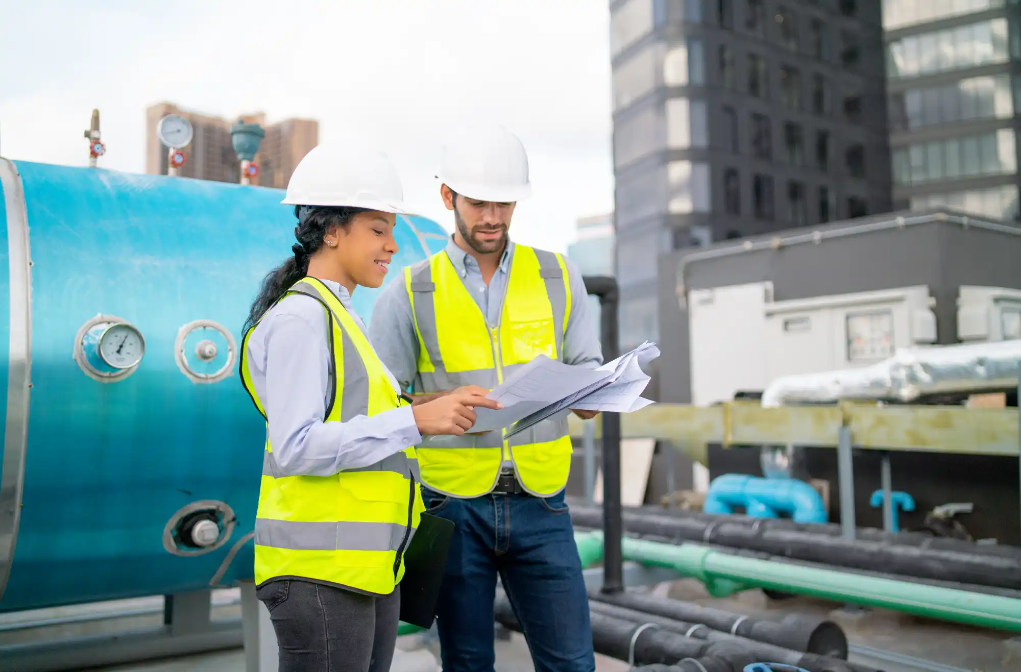 Two HVAC technicians in safety gear reviewing blueprints on a rooftop installation site with mechanical equipment and piping visible in the background.